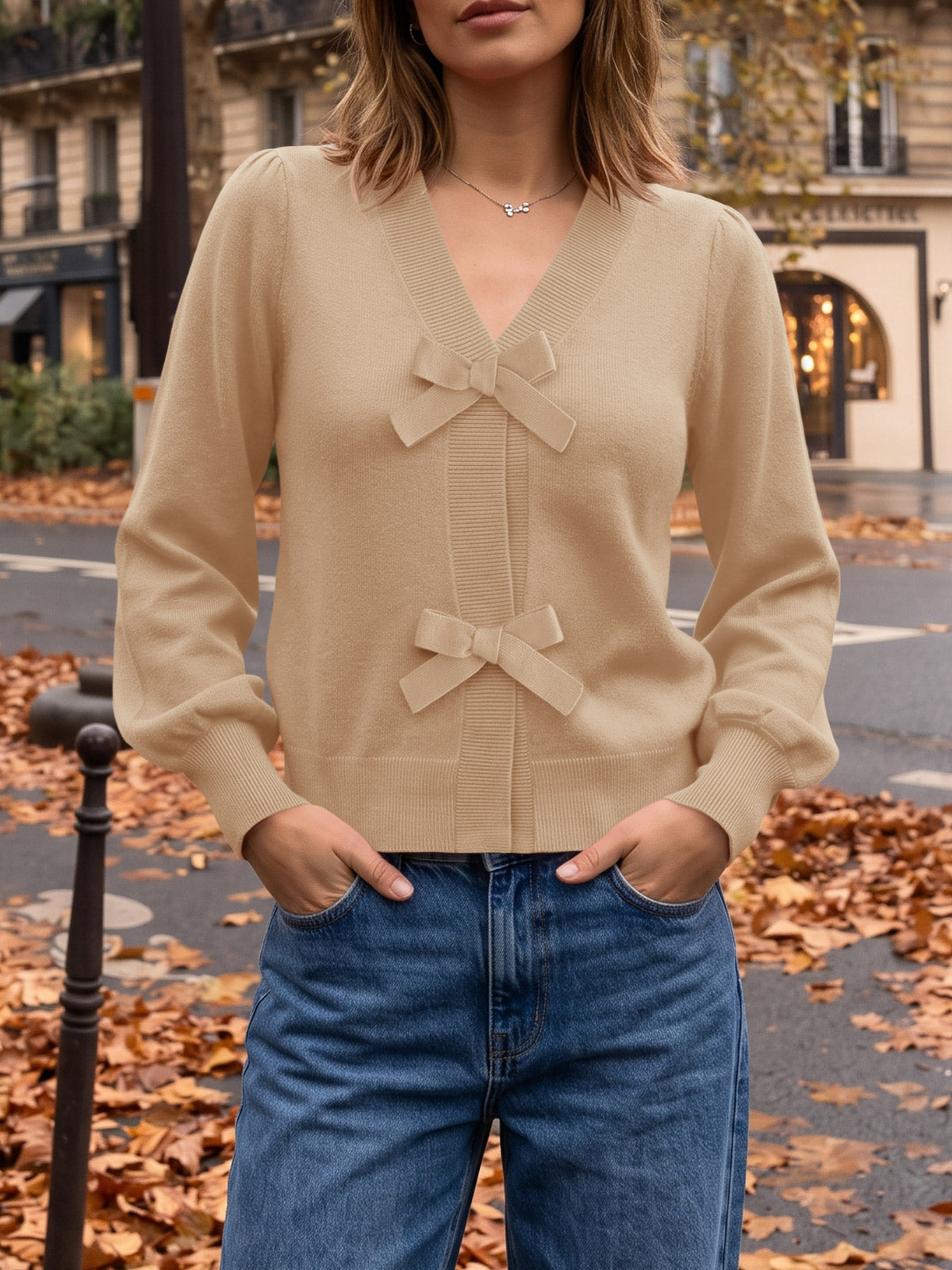 usvara Women V Neck Bow Knit Cardigan