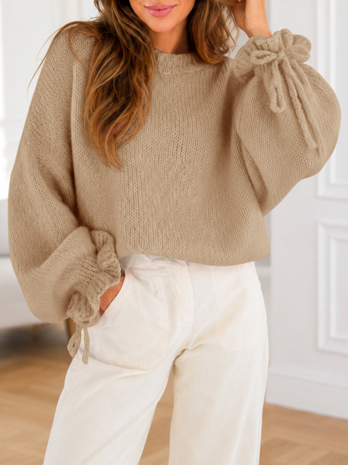 usvara Women Ruffle Long Sleeve Knit Sweater