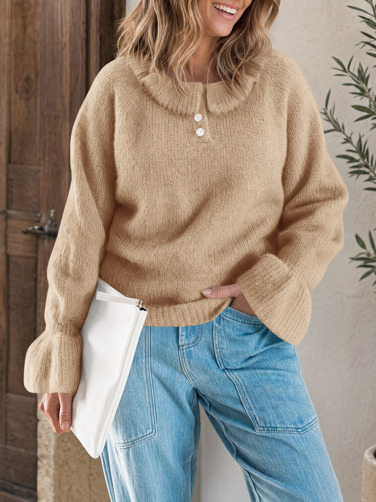 usvara Women Ruffle Collared Long Sleeve Sweater