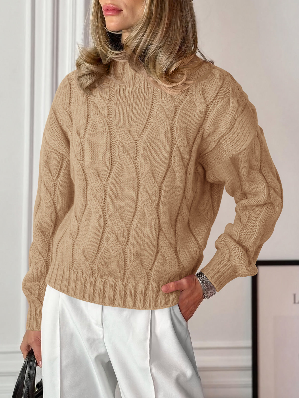 usvara Womens Mock Neck Cable Knit Sweater