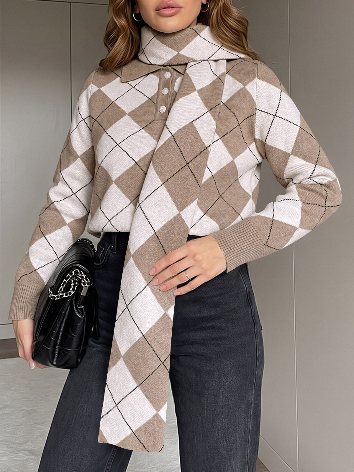 usvara Womens Argyle Color Block Polo Sweater