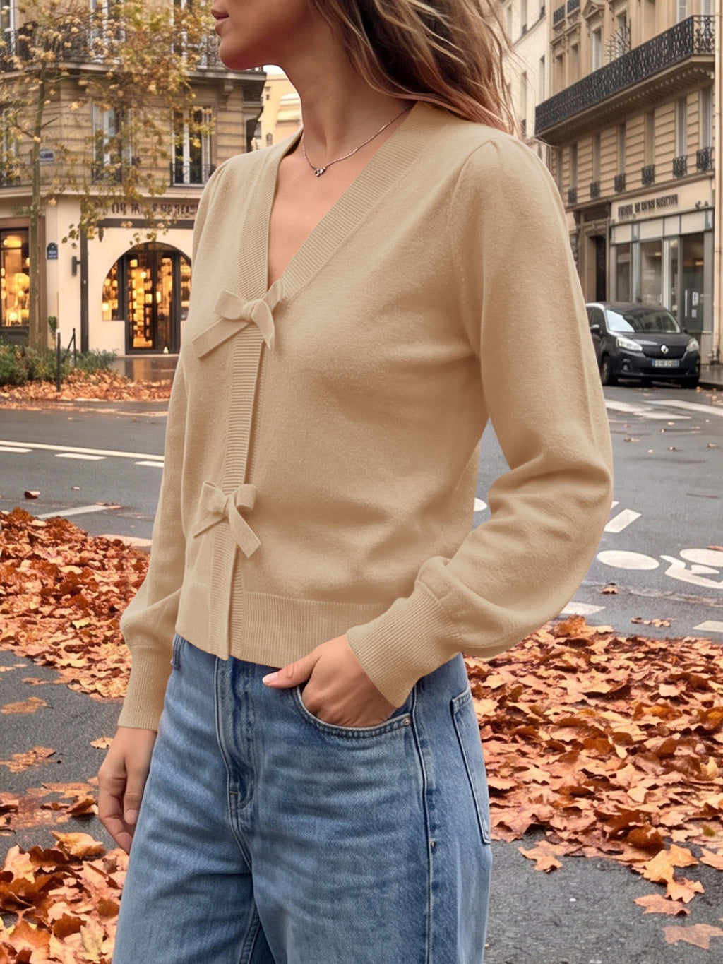 usvara Women V Neck Bow Knit Cardigan