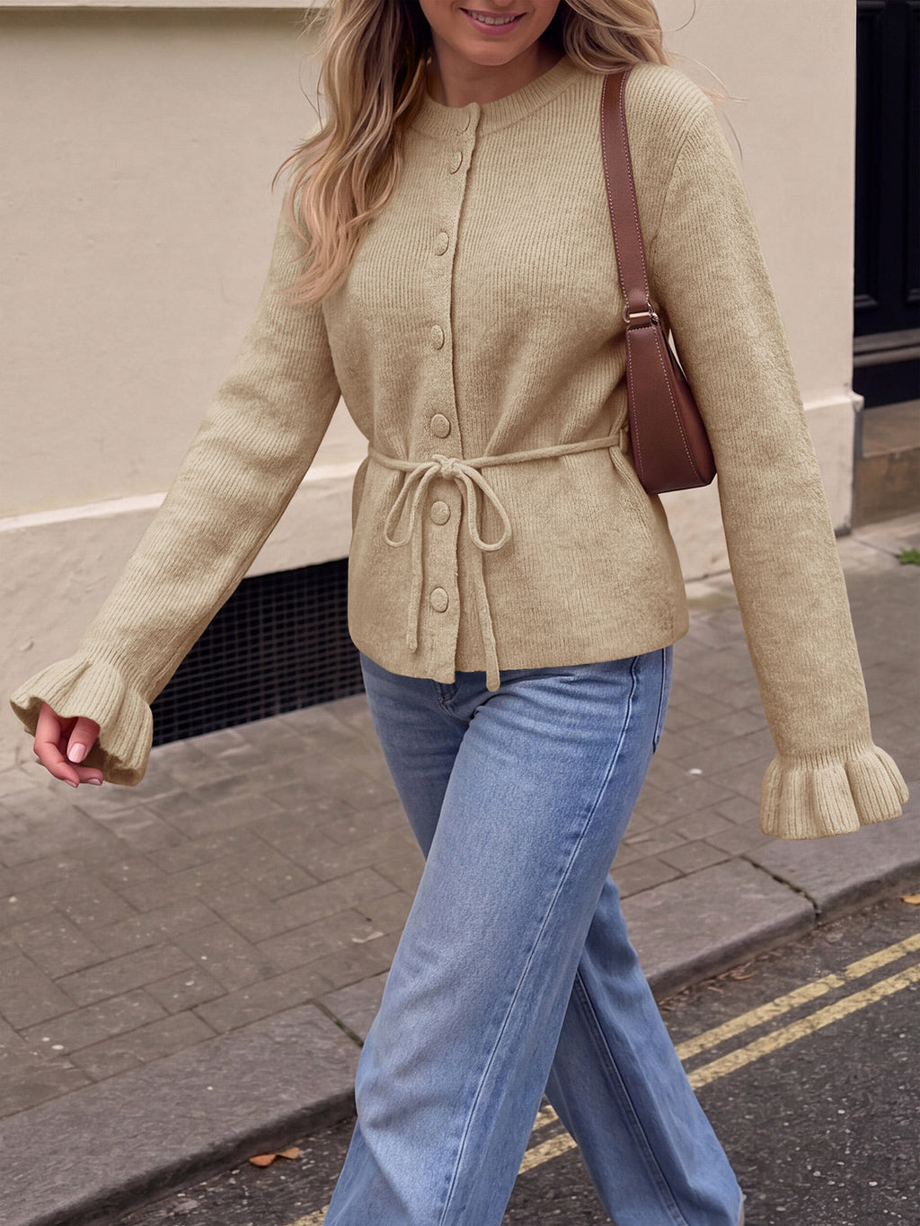 usvara Womens Ruffle Sleeve Button Tie Cardigans