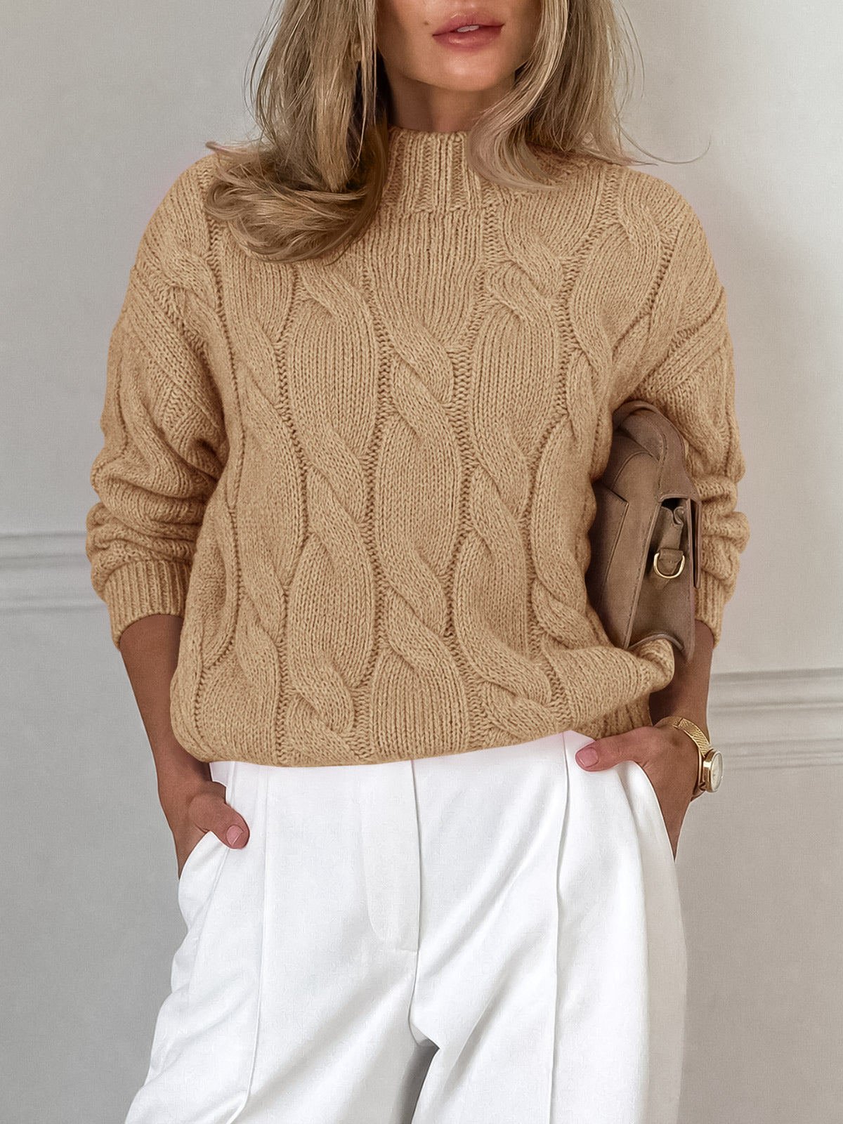 usvara Womens Mock Neck Cable Knit Sweater
