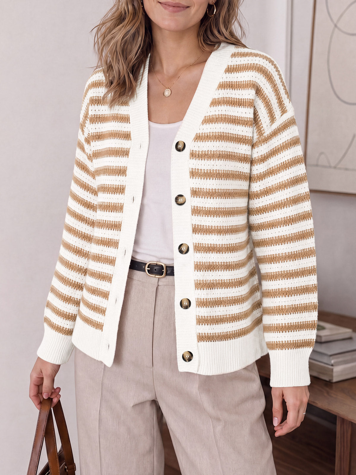 usvara Womens Striped V Neck Cardigan