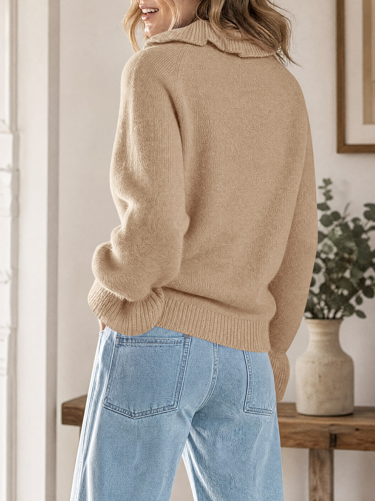 usvara Women Ruffle Collared Long Sleeve Sweater