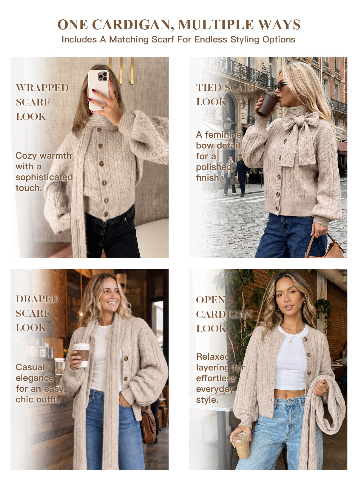 usvara Womens Cable Knit Cardigan with Scarf