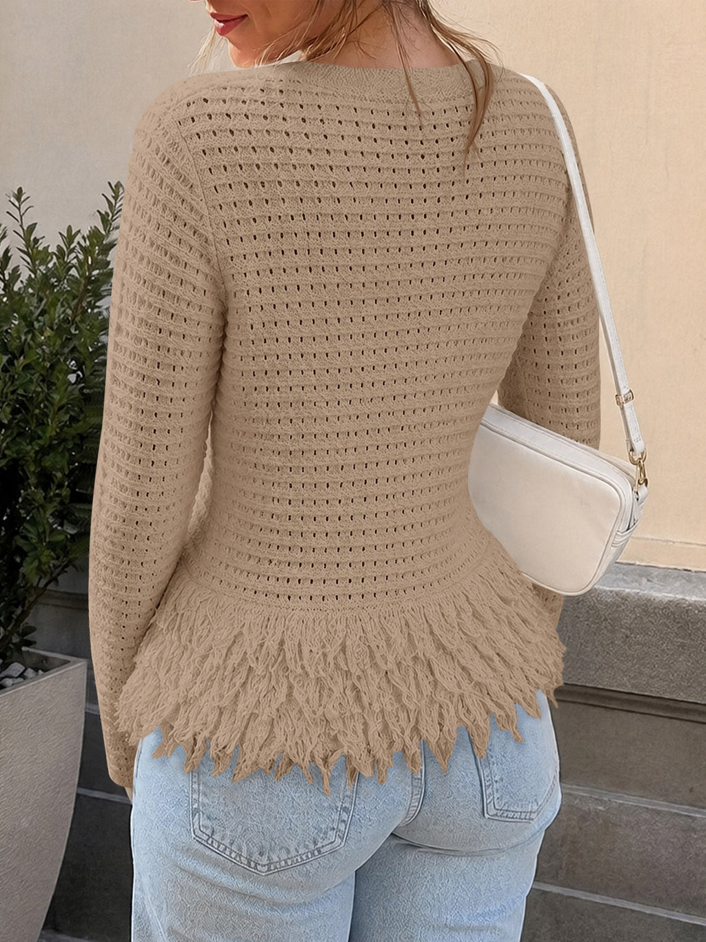 usvara Womens Crochet Fringe Crew Neck Sweater