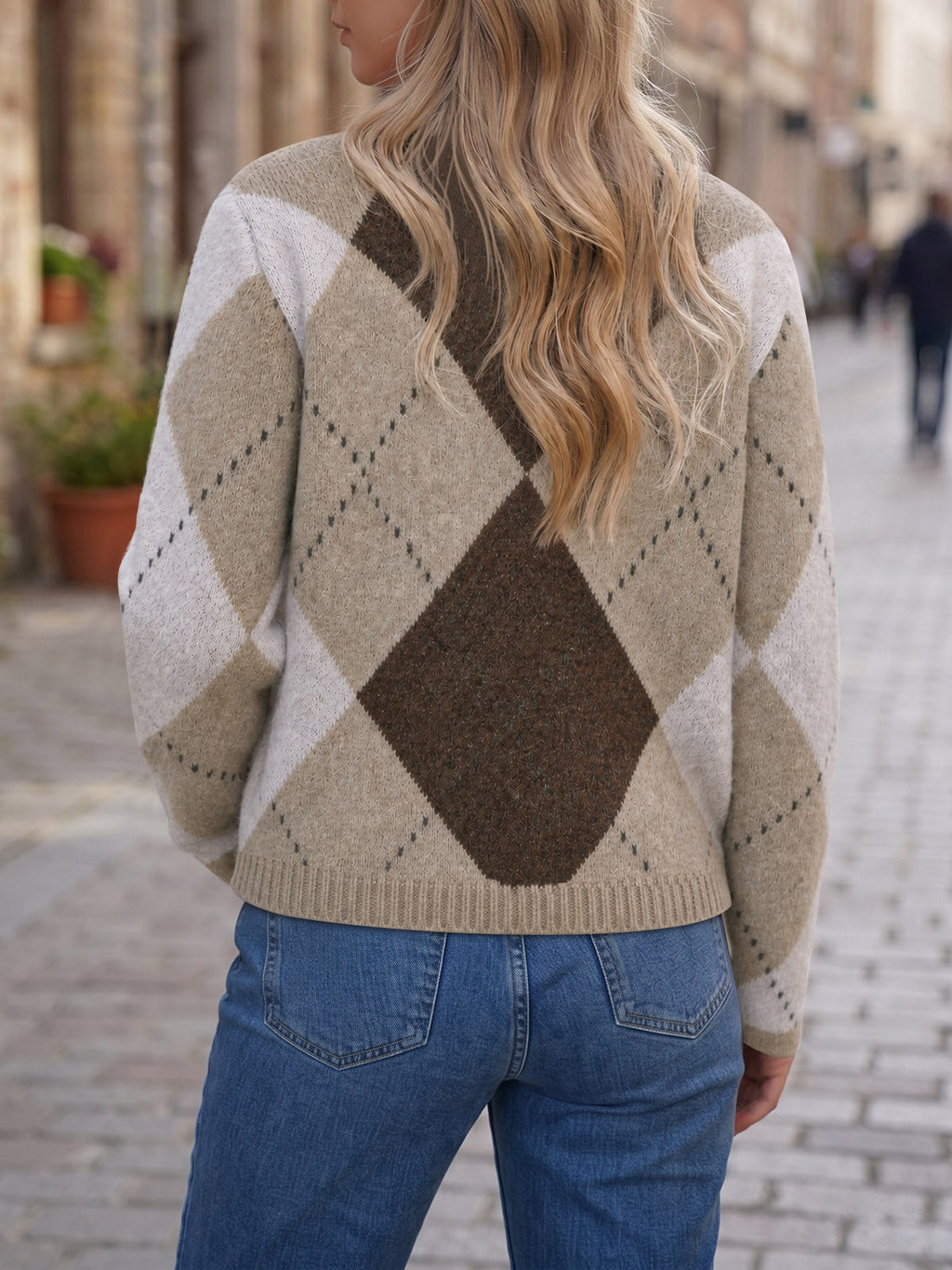 usvara Womens Argyle Crew Neck Knit Cardigan
