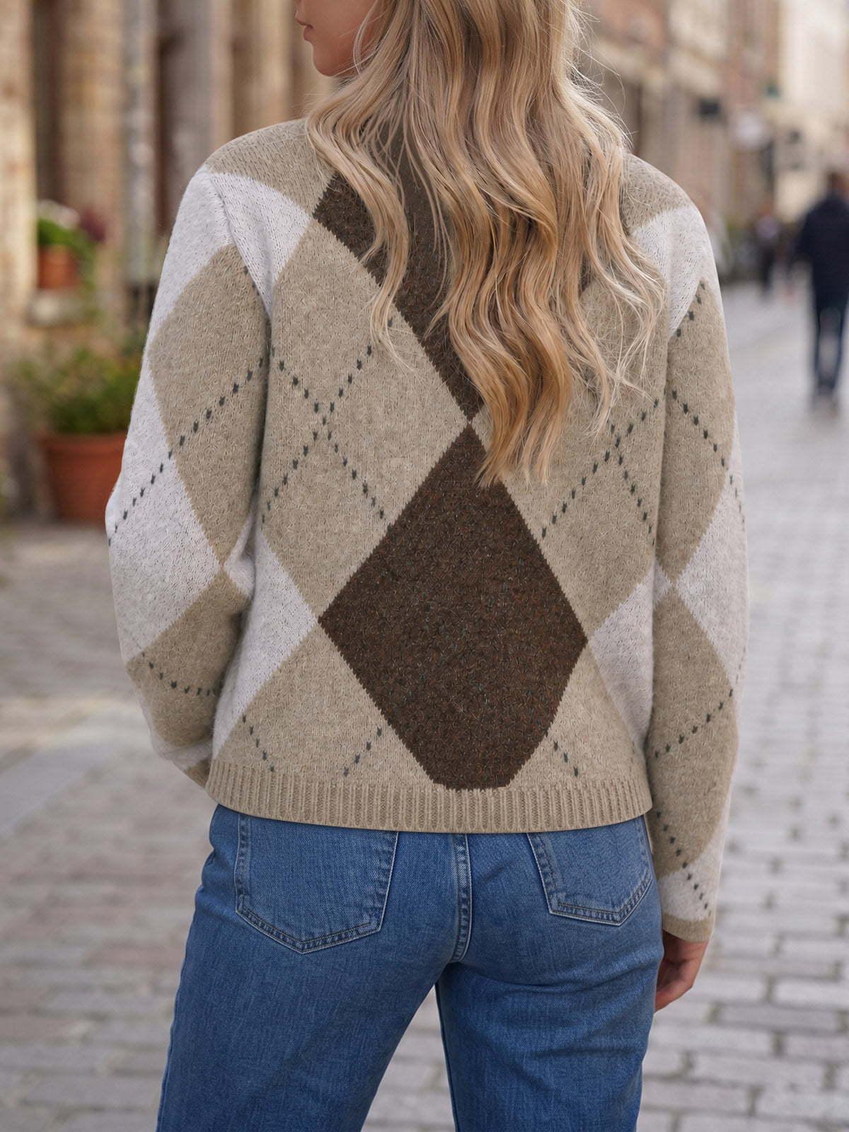 usvara Womens Argyle Crew Neck Knit Cardigan
