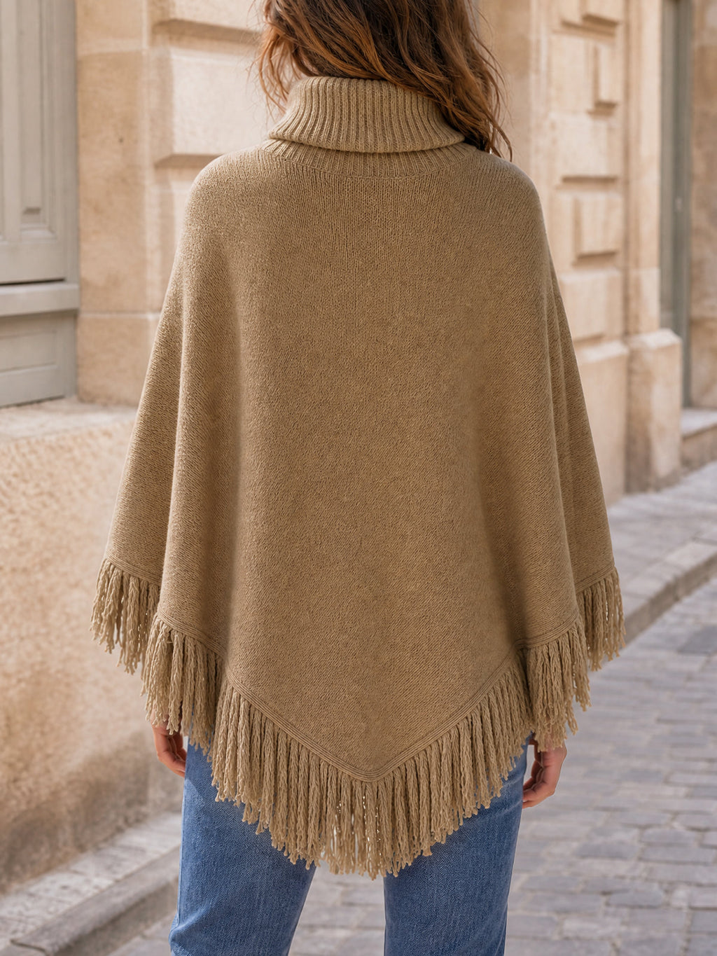 usvara Womens Fringe Turtleneck Poncho Sweater