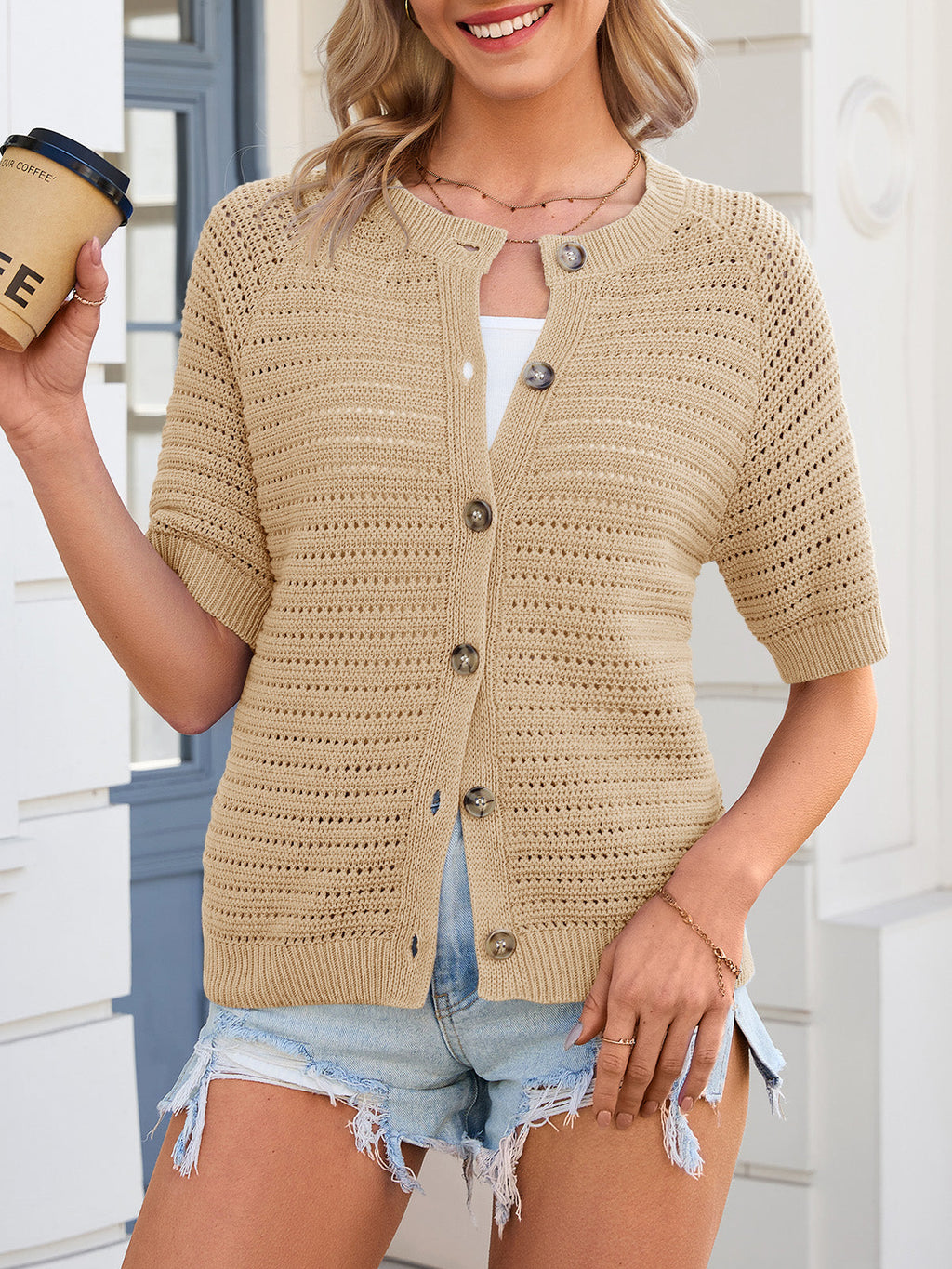 usvara Womens Crochet Short Sleeve Button Down Cardigan