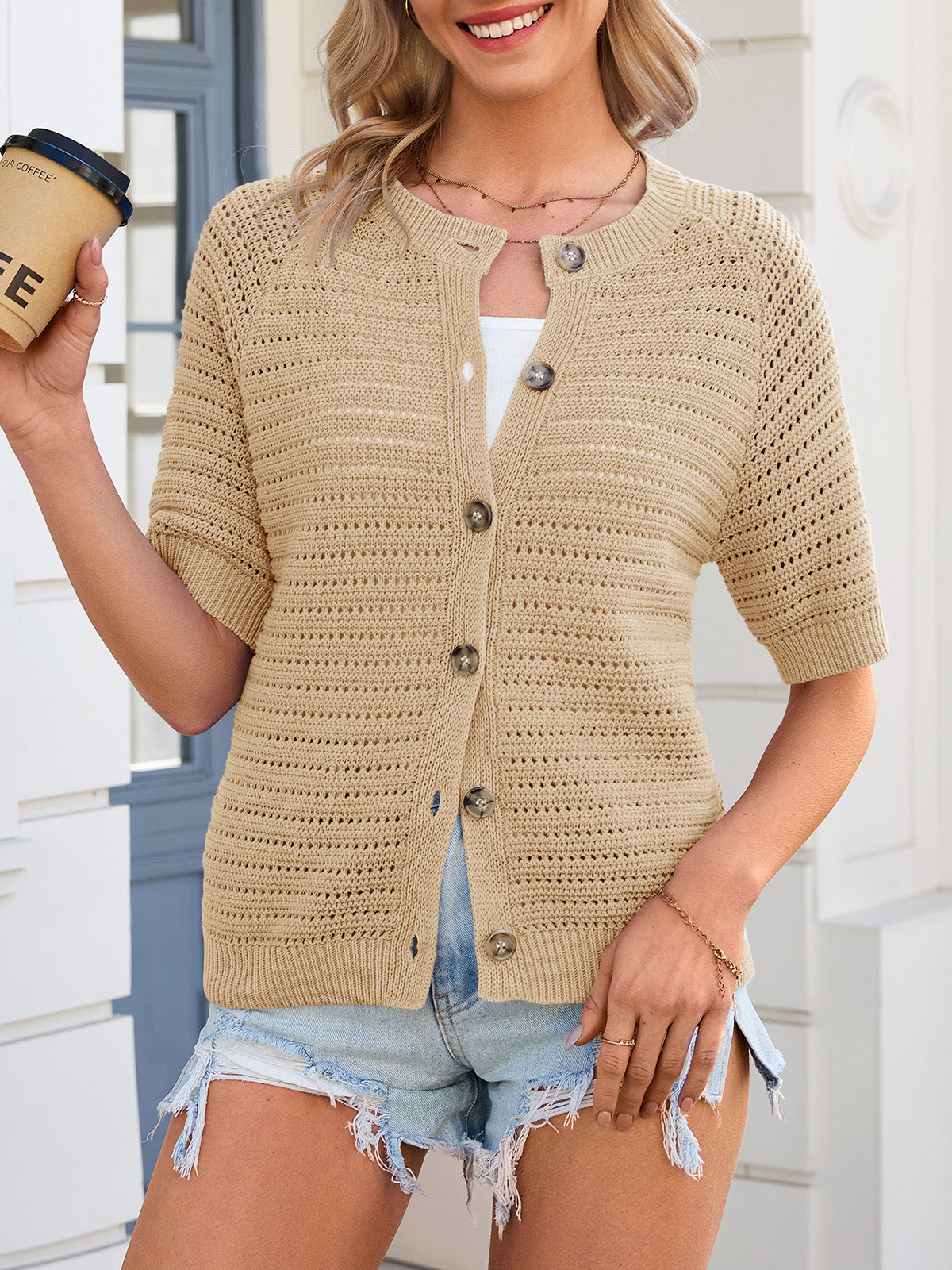 usvara Womens Crochet Short Sleeve Button Down Cardigan