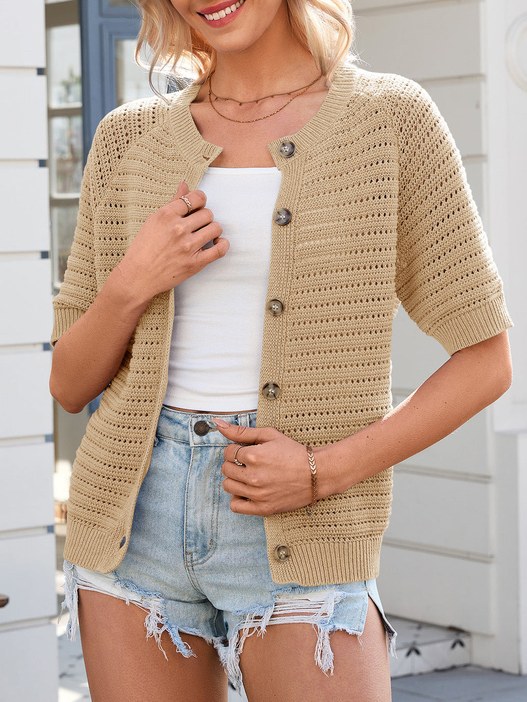 usvara Womens Crochet Short Sleeve Button Down Cardigan