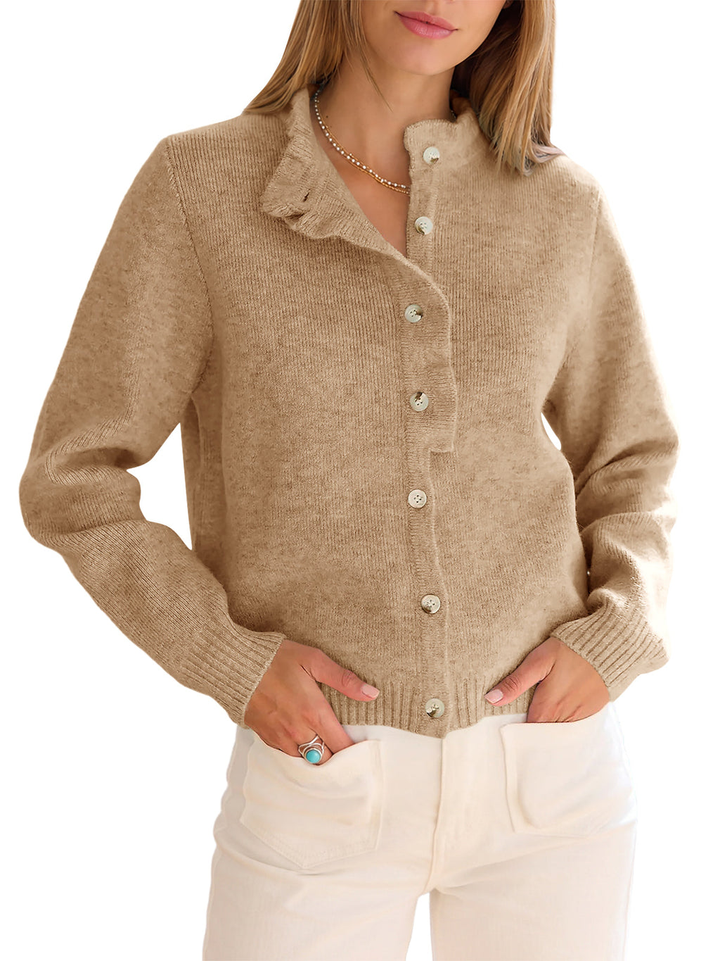 usvara Women Ruffle Mock Neck Knit Cardigan