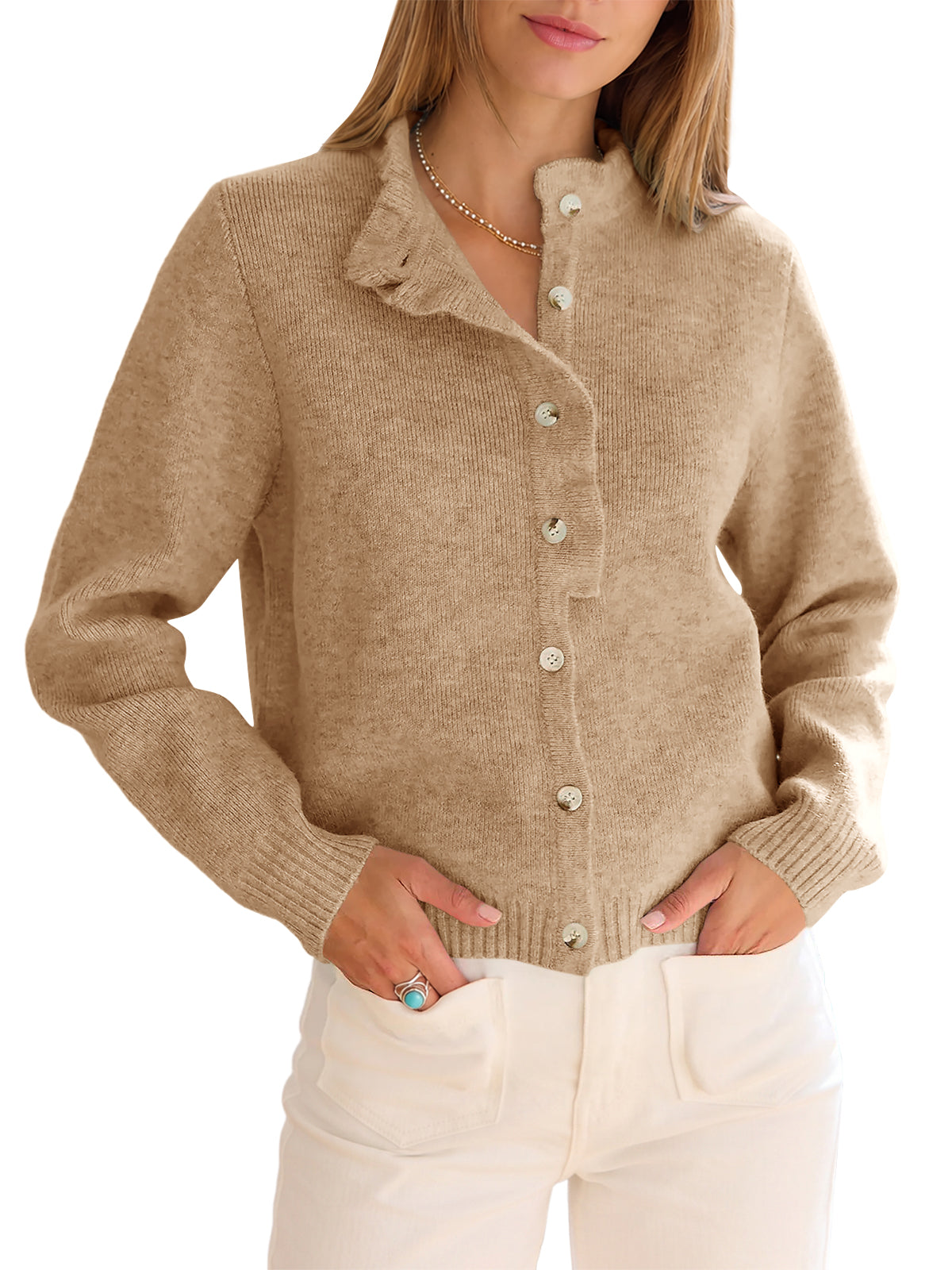 usvara Women Ruffle Mock Neck Knit Cardigan