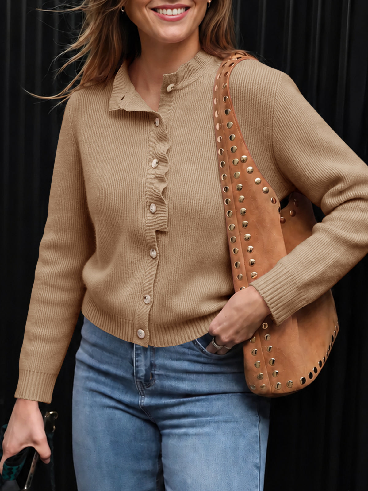 usvara Women Ruffle Mock Neck Knit Cardigan