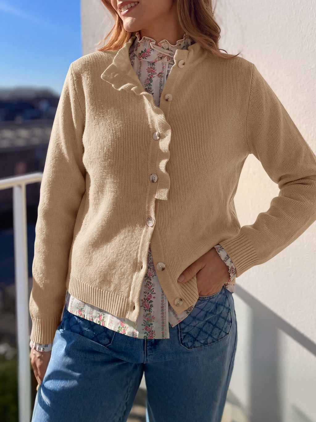 usvara Women Ruffle Mock Neck Knit Cardigan