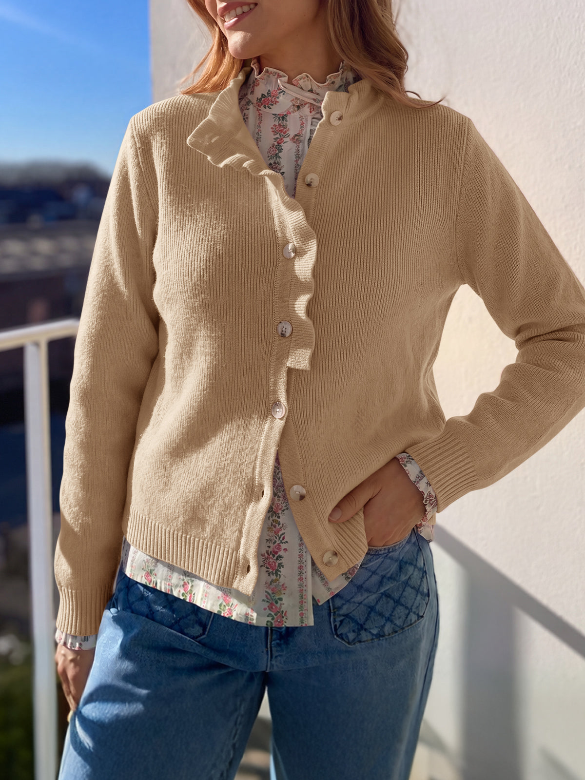 usvara Women Ruffle Mock Neck Knit Cardigan