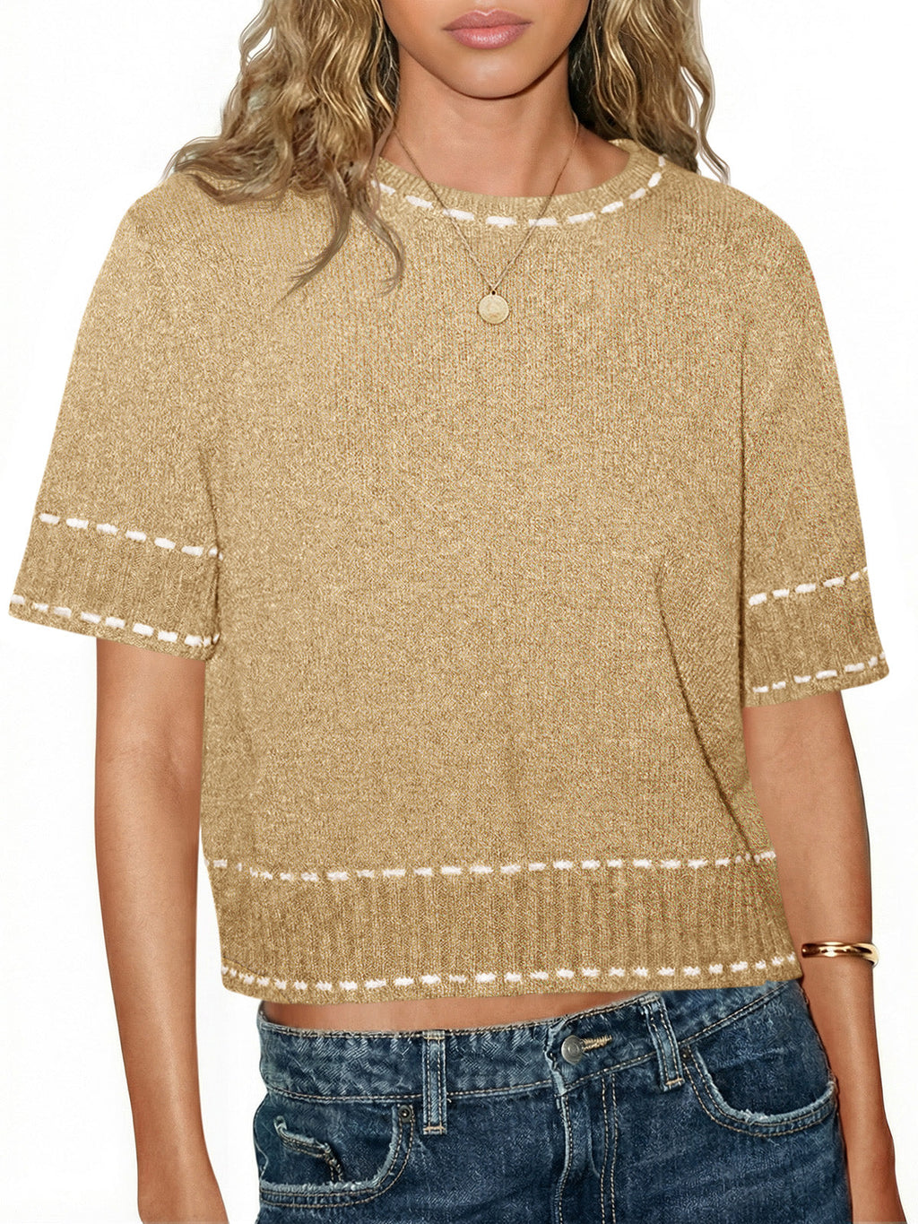 usvara Womens Cropped Crew Neck Knit Sweater