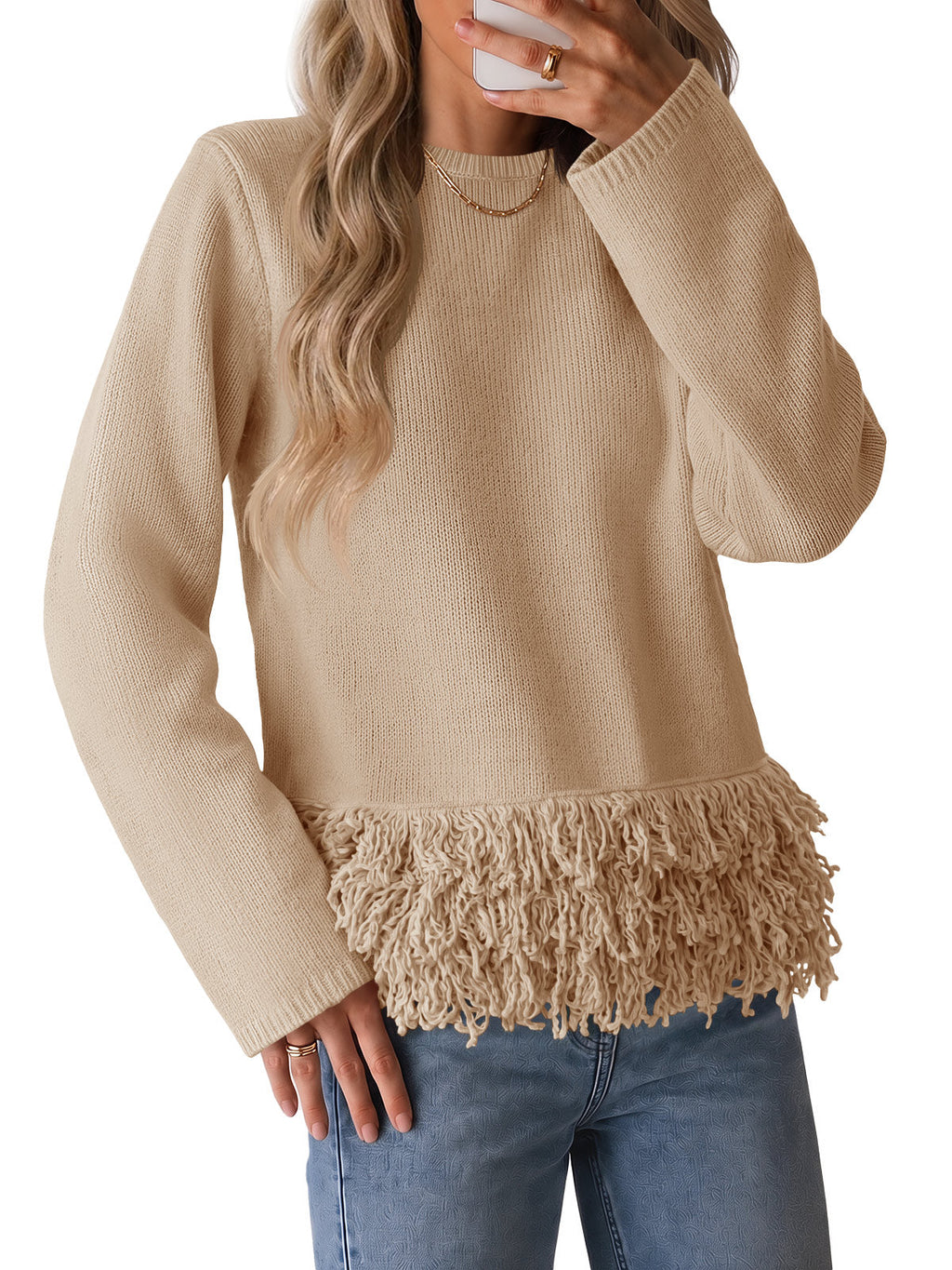 usvara Women Boho Fringe Knit Sweater