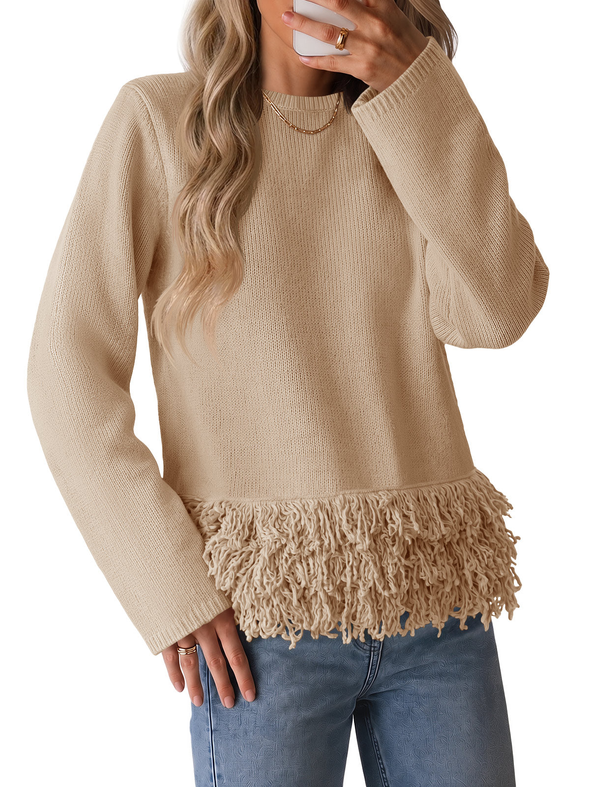 usvara Women Boho Fringe Knit Sweater