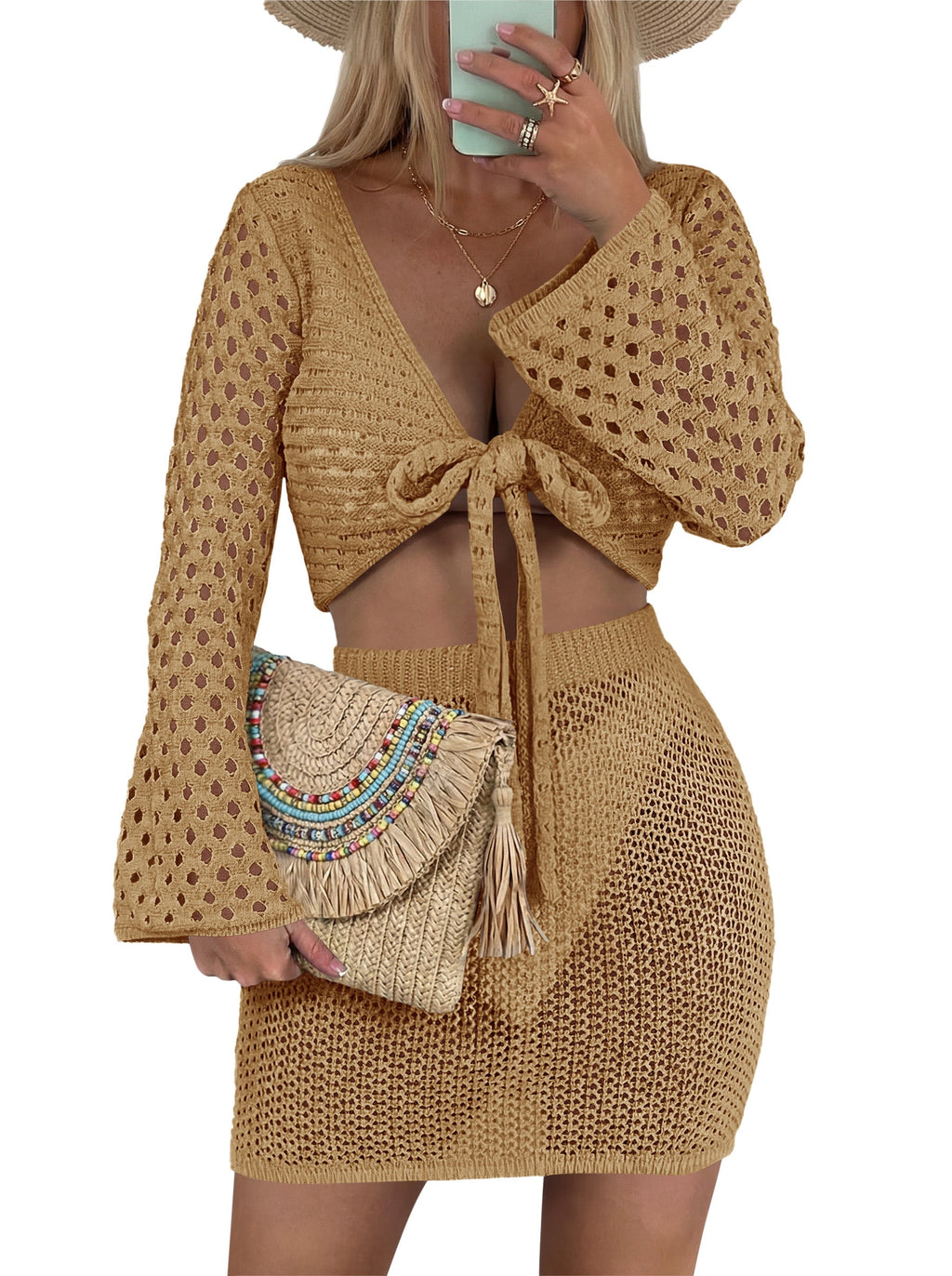 usvara Womens 2 Piece Crochet Swimsuit Coverup Set