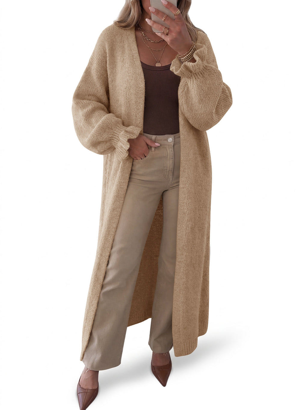 usvara Womens Ruffle Long Knit Cardigan