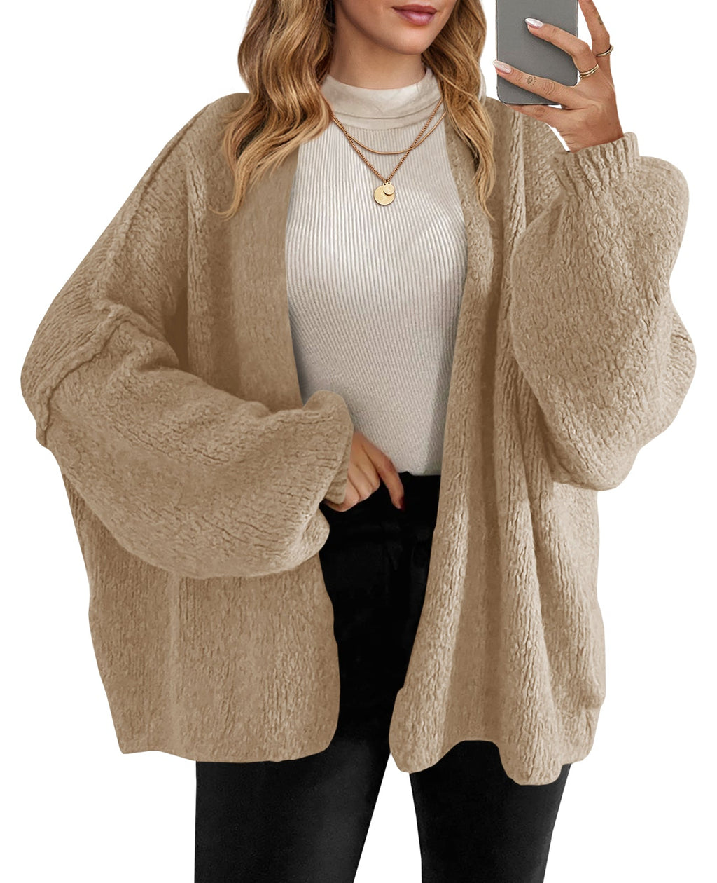 Usvara Womens Oversized Lantern Sleeve Chunky Knit Open-Front Cardigan Sweater