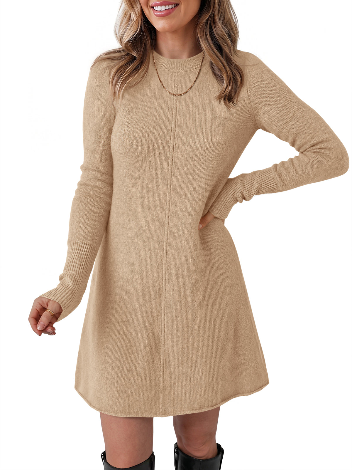 usvara Women Long Sleeve Knit Fit Flare Mini Sweater Dress