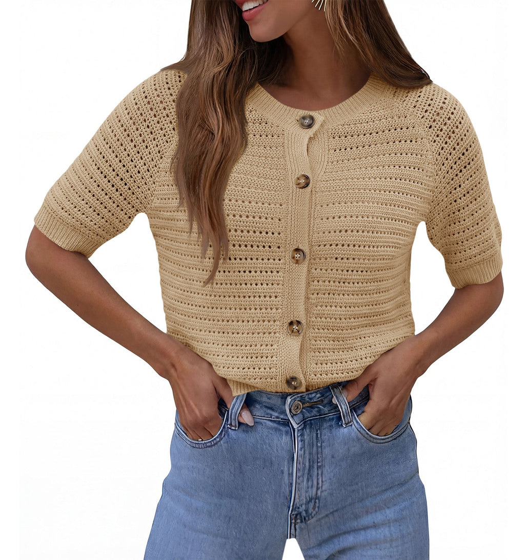 usvara Womens Crochet Short Sleeve Button Down Cardigan