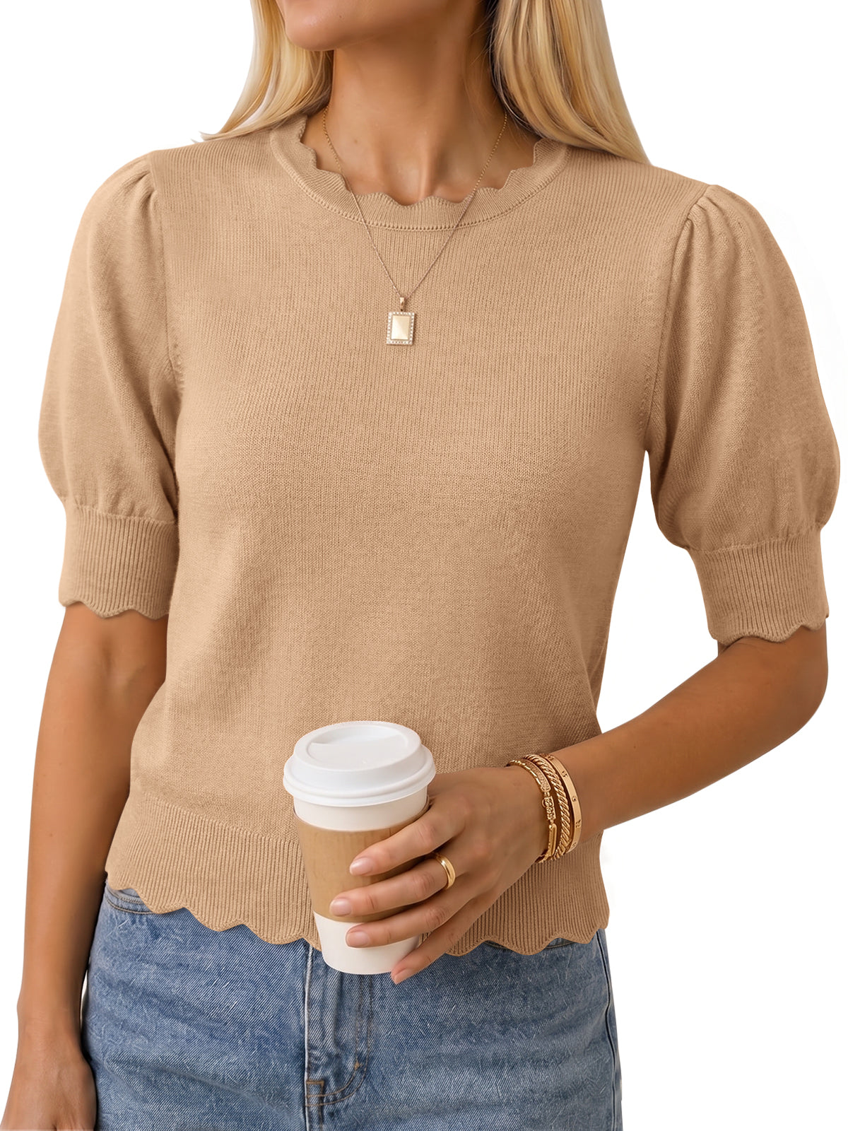 usvara Women Puff Sleeve Knit Top