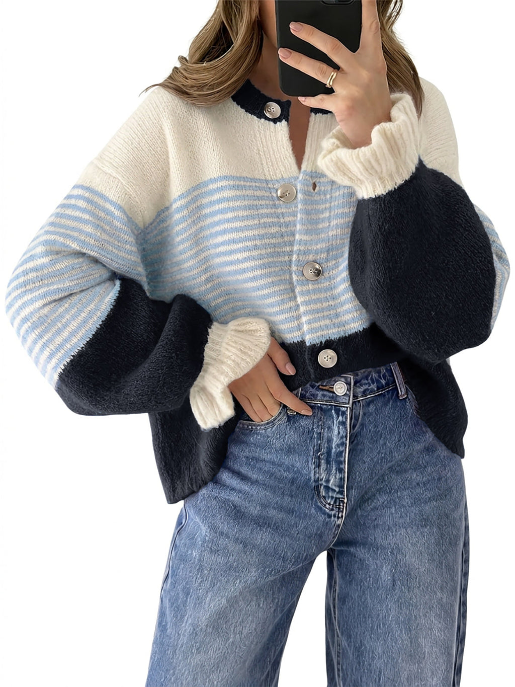 usvara Womens Striped Ruffle Sleeve Cardigan Coats