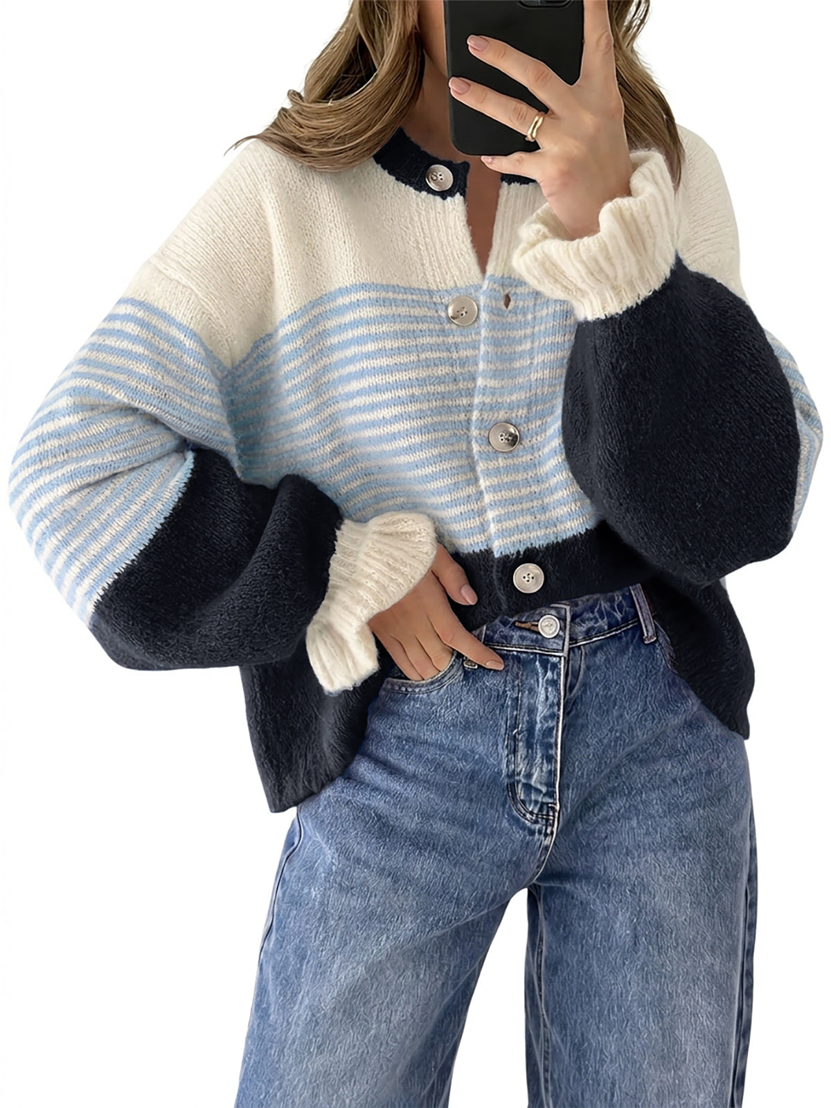 usvara Womens Striped Ruffle Sleeve Cardigan Coats