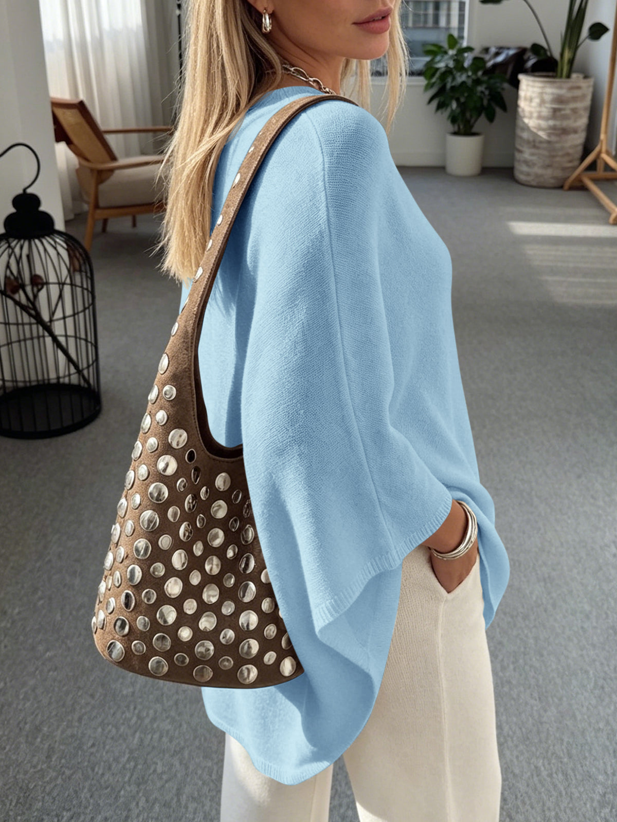 usvara Women Poncho Boat Neck Knit Sweater