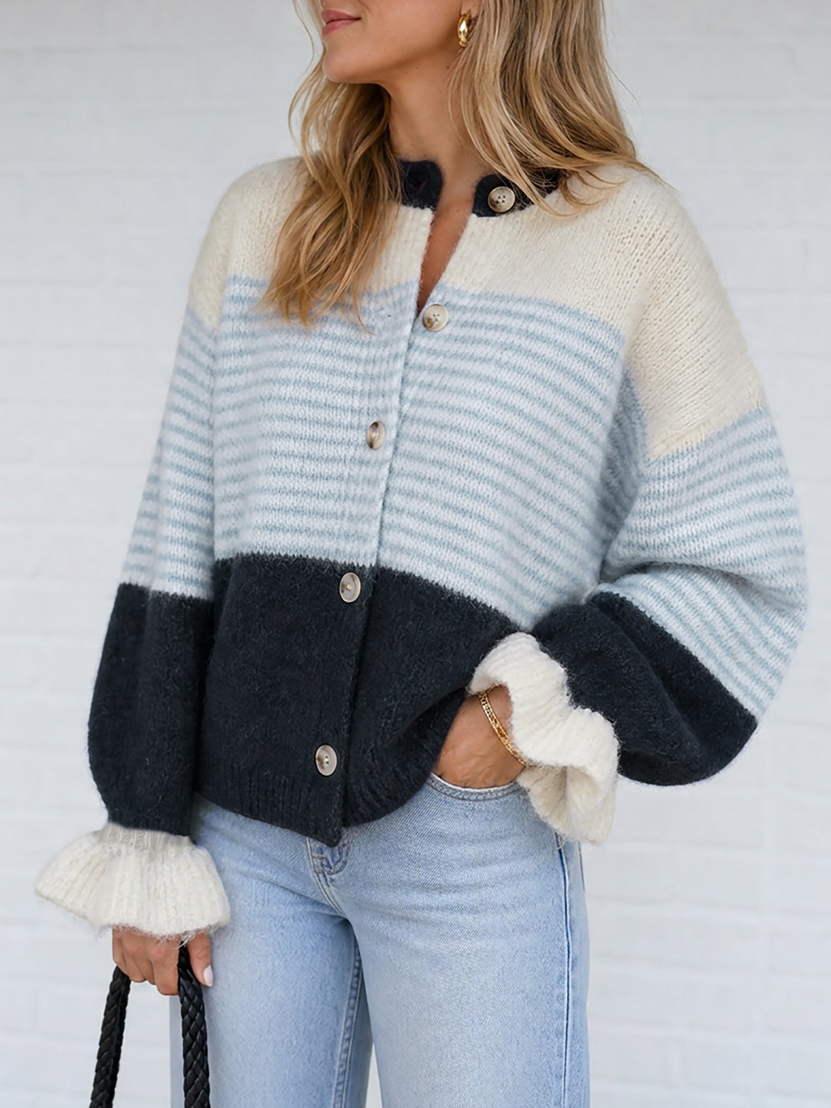 usvara Womens Striped Ruffle Sleeve Cardigan Coats