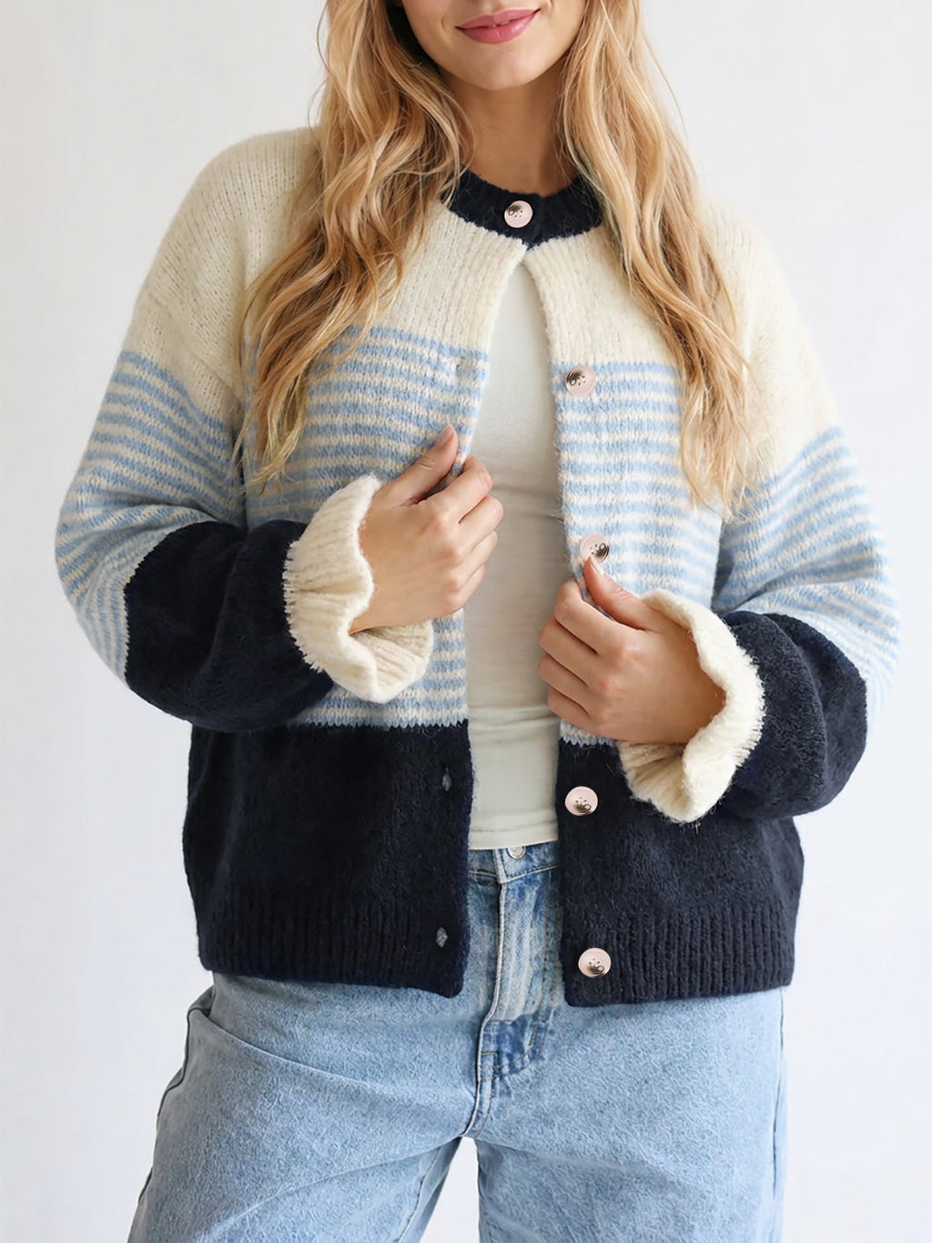 usvara Womens Striped Ruffle Sleeve Cardigan Coats