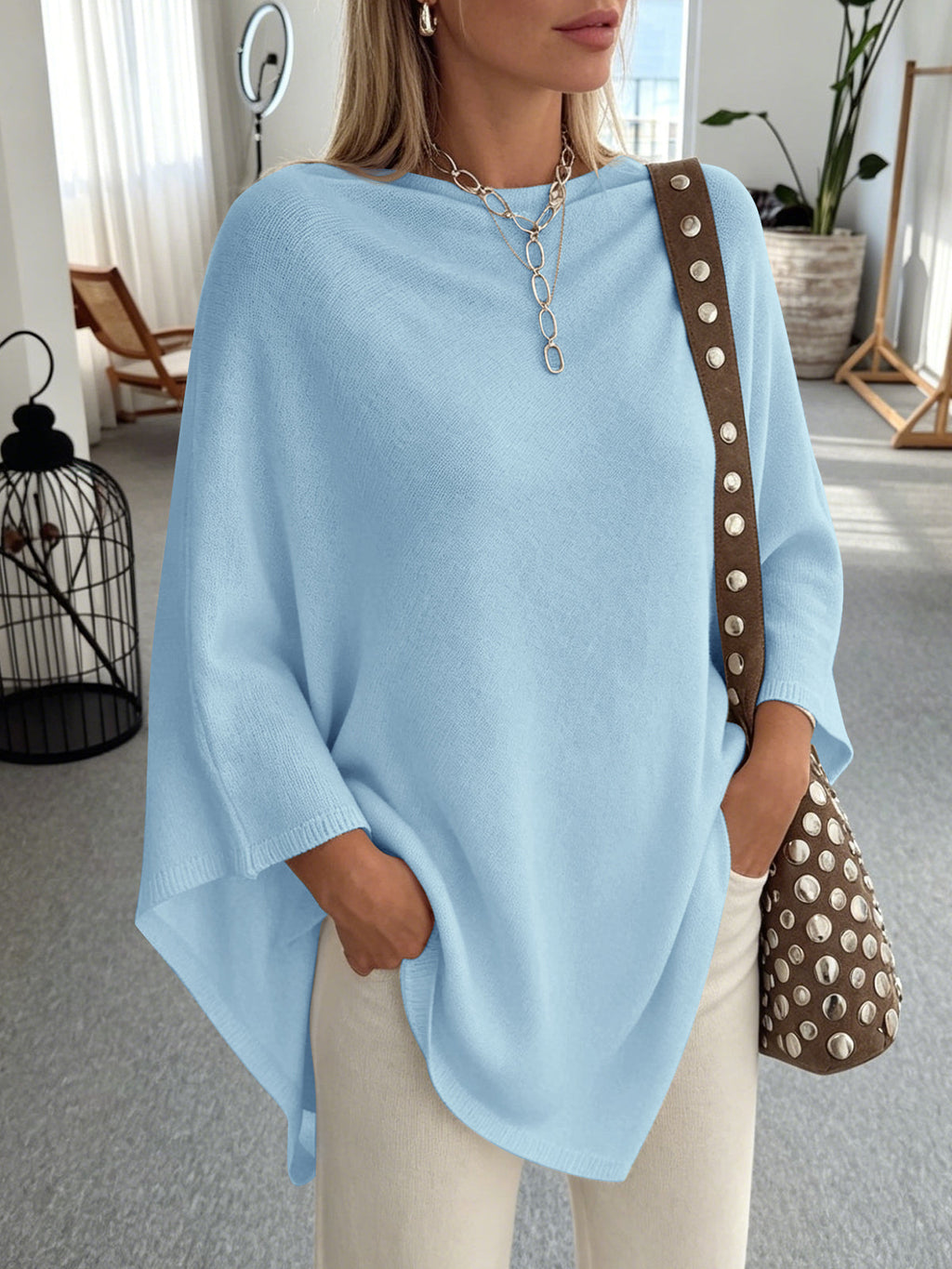 usvara Women Poncho Boat Neck Knit Sweater