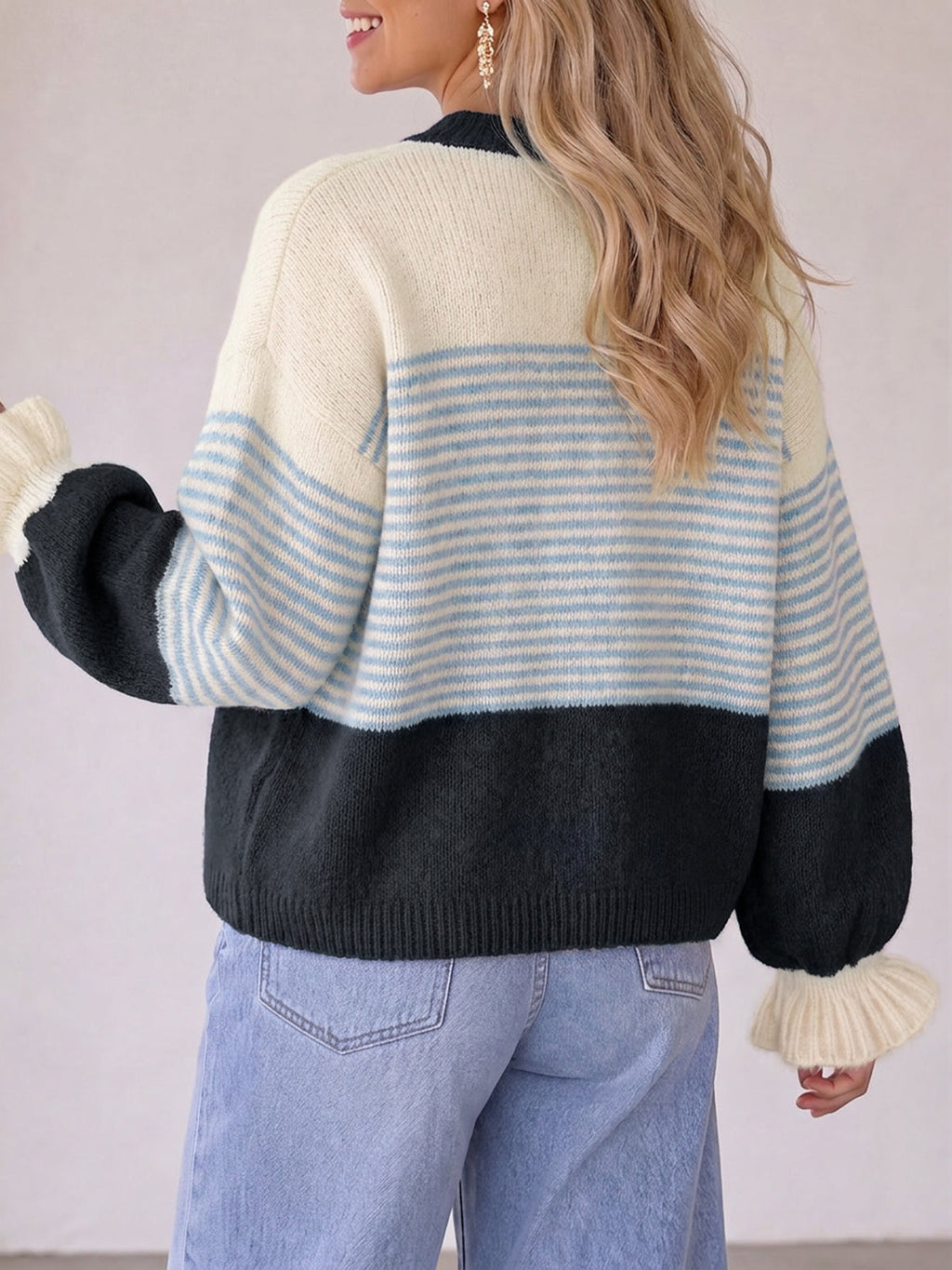 usvara Womens Striped Ruffle Sleeve Cardigan Coats