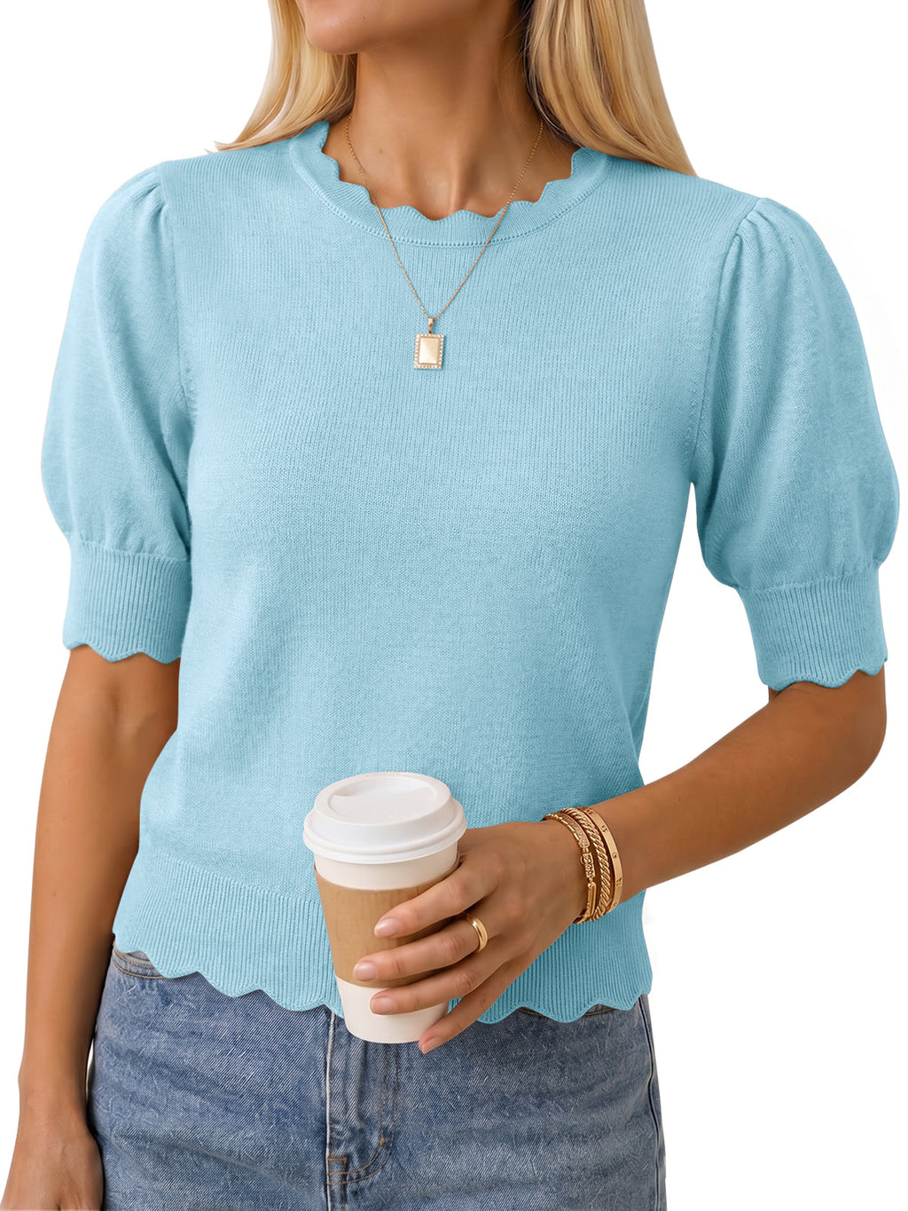 usvara Women Puff Sleeve Knit Top