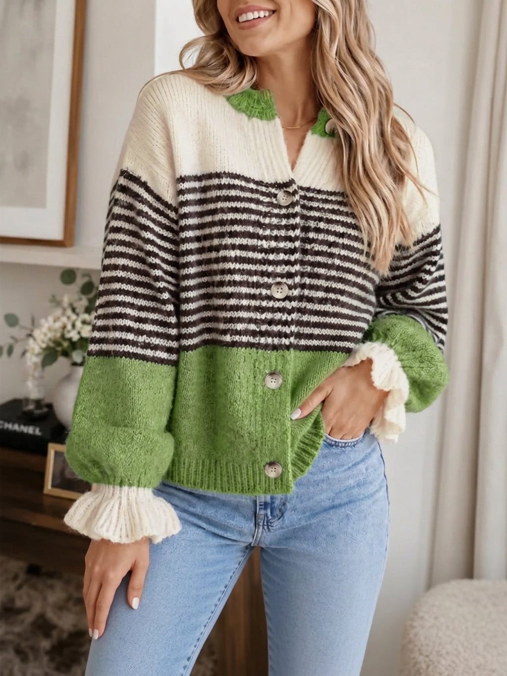 usvara Womens Striped Ruffle Sleeve Cardigan Coats