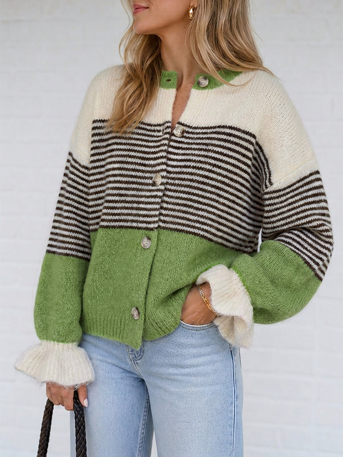 usvara Womens Striped Ruffle Sleeve Cardigan Coats