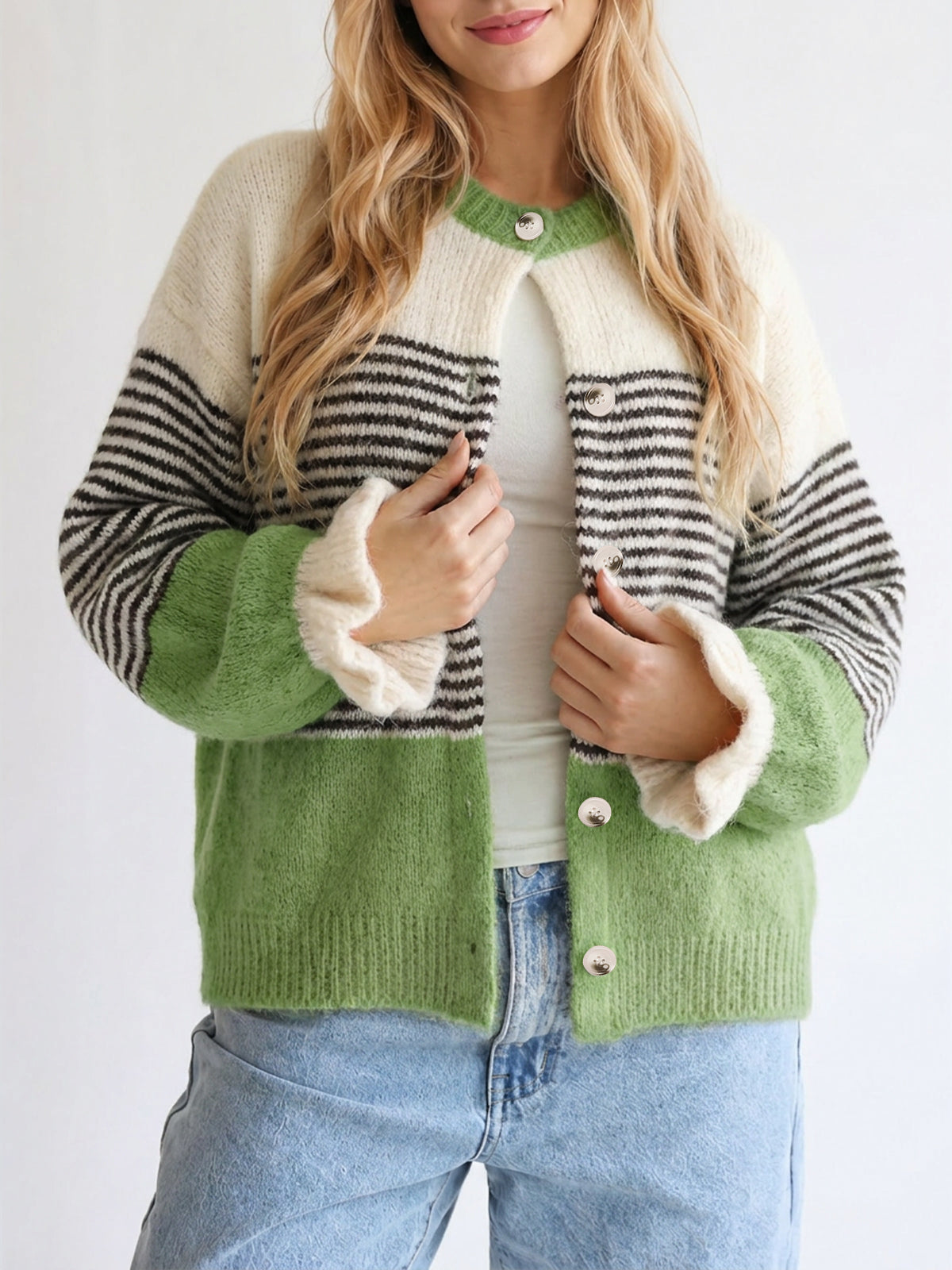 usvara Womens Striped Ruffle Sleeve Cardigan Coats