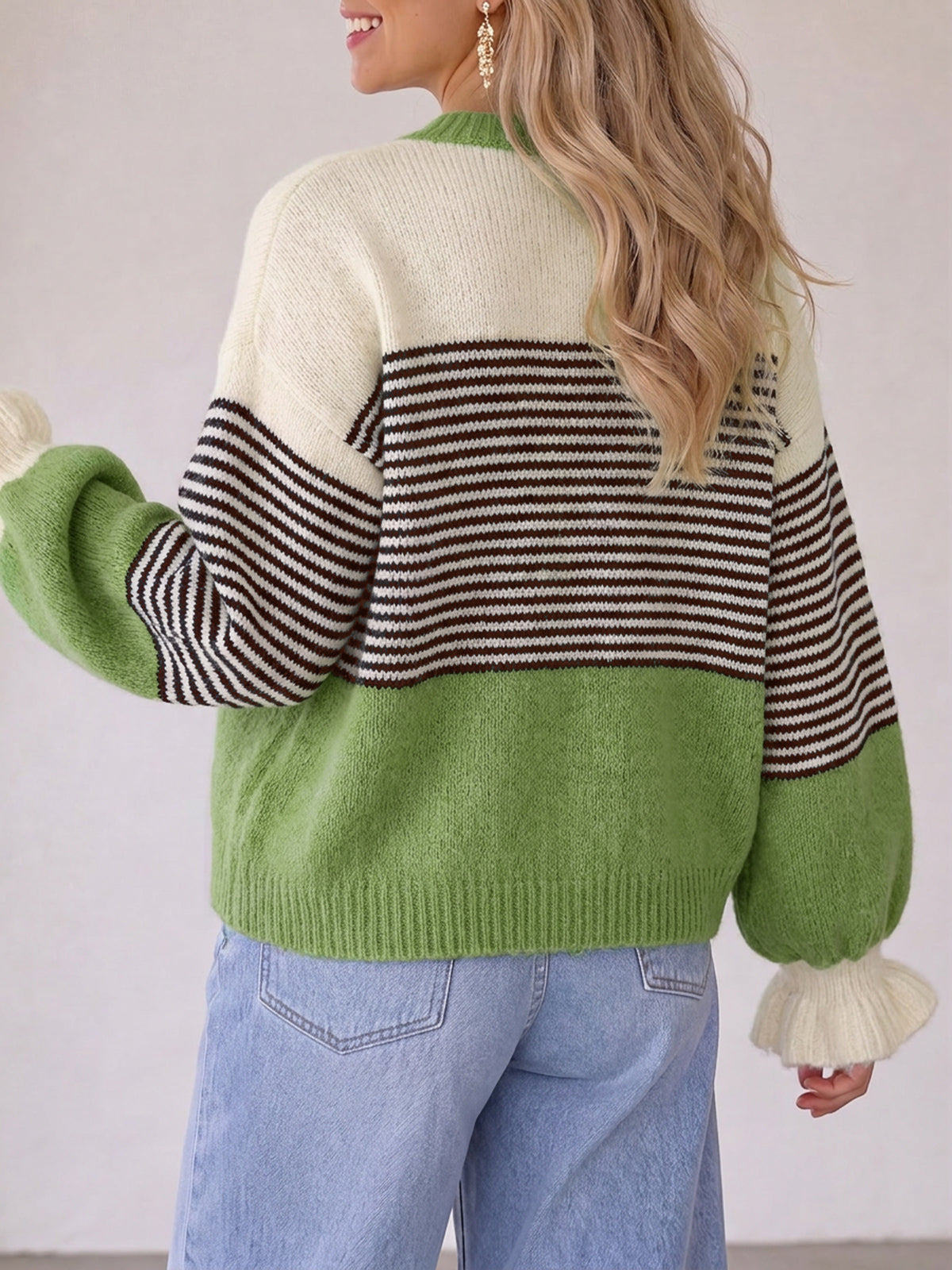 usvara Womens Striped Ruffle Sleeve Cardigan Coats