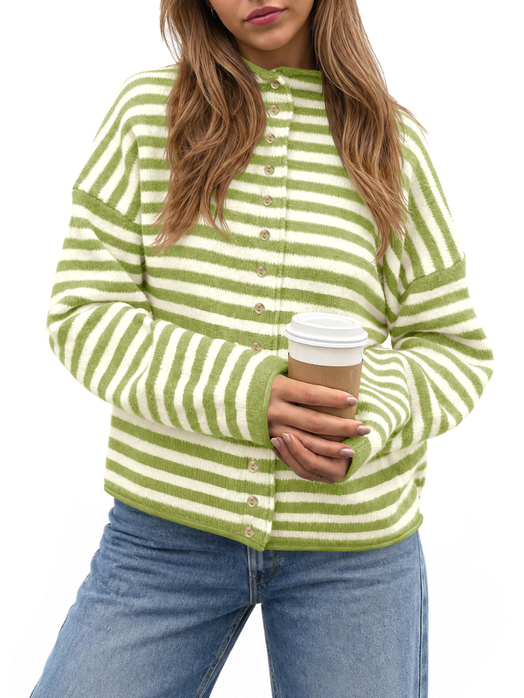 usvara Womens Striped Mock Neck Cardigan