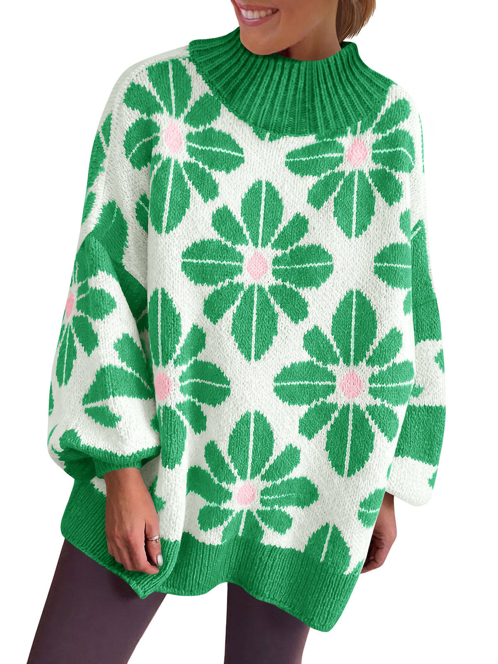 usvara Womens Floral Mock Neck Chunky Sweater