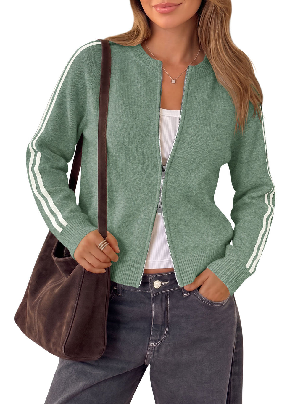 usvara Womens Zip Up Crew Neck Cardigan