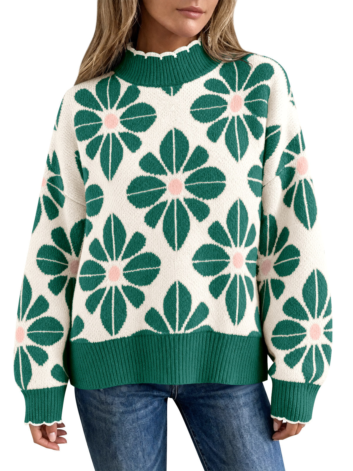 usvara Womens Mock Neck Floral Knit Sweater