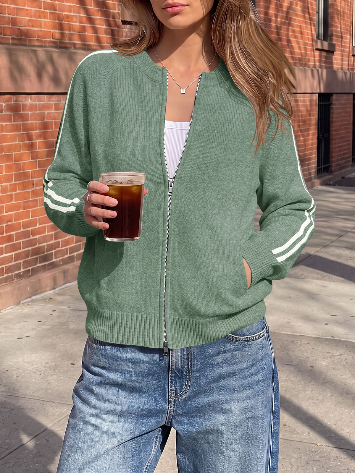 usvara Womens Zip Up Crew Neck Cardigan