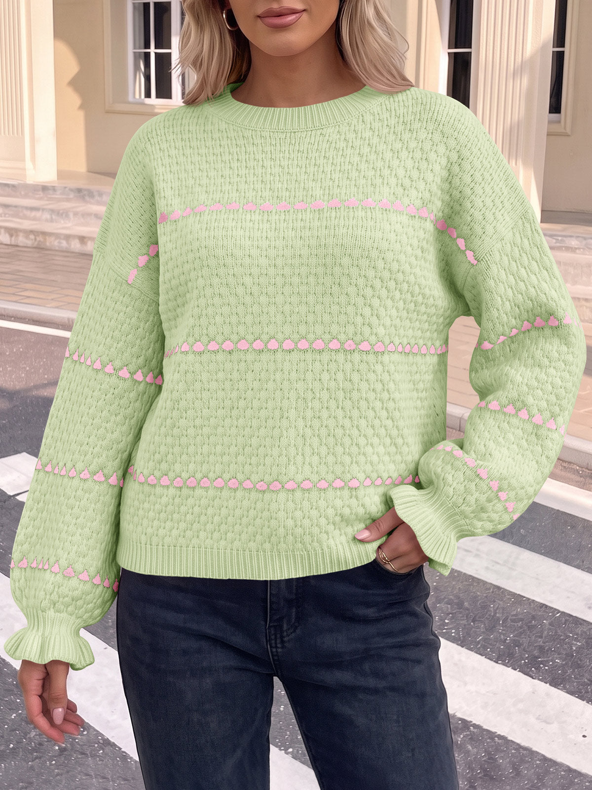 usvara Womens Heart Striped Ruffle Sweaters